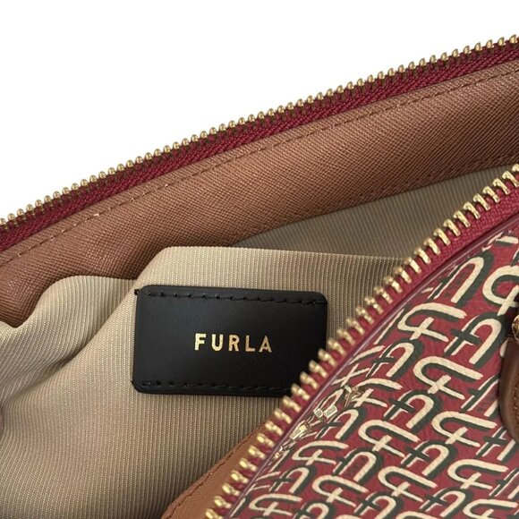 Auth FURLA - Red Dark Brown Khaki Leather Handbag - Picture 7 of 9